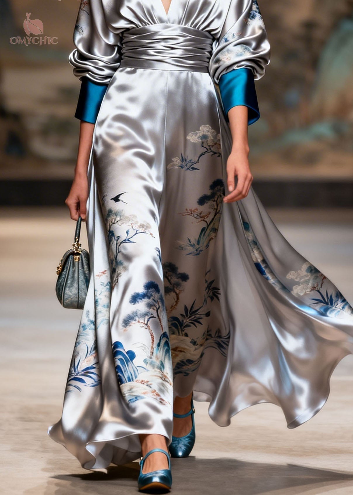 Satin Landscape Print Surplice V-Neck Puff Sleeve Wide Leg Jumpsuit