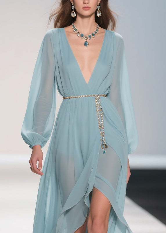 Chiffon Deep V-Neck Bishop Sleeve Chain Belt Wrap High Split Maxi Gown