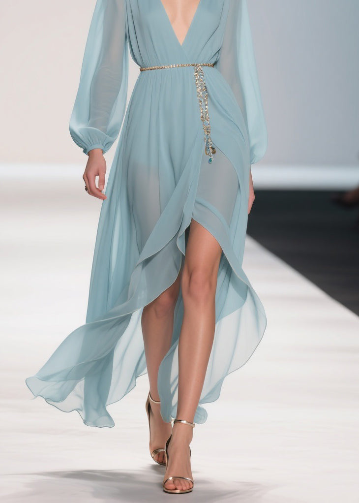 Chiffon Deep V-Neck Bishop Sleeve Chain Belt Wrap High Split Maxi Gown