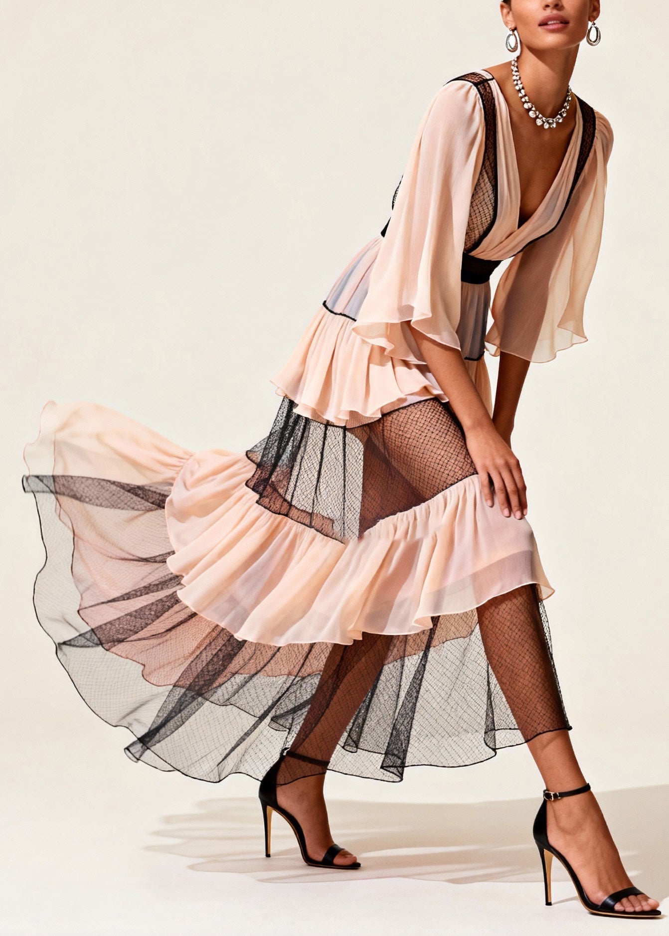 Deep V-Neck Contrast Trim Flutter Sleeve Tiered Mesh Ruffle Maxi Dress