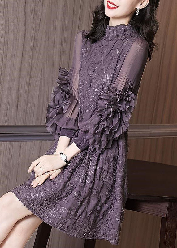 Ruffle Mock Neck Embroidered Beaded Sheer Lantern Sleeve Mini Dress 3