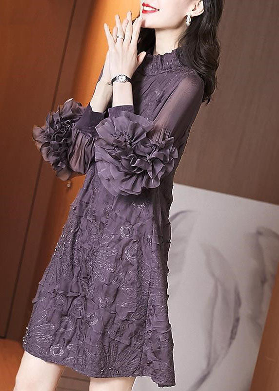 Ruffle Mock Neck Embroidered Beaded Sheer Lantern Sleeve Mini Dress 4