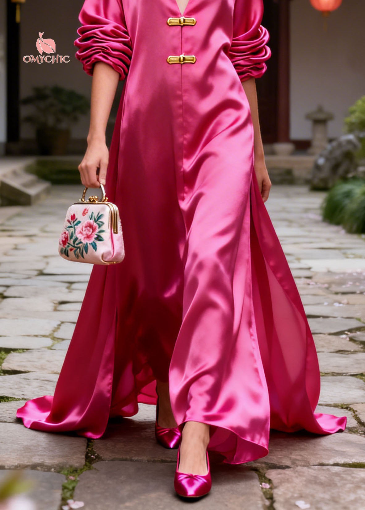 Satin V-Neck Ruched Long Sleeve Bar Closure High Split Maxi Gown
