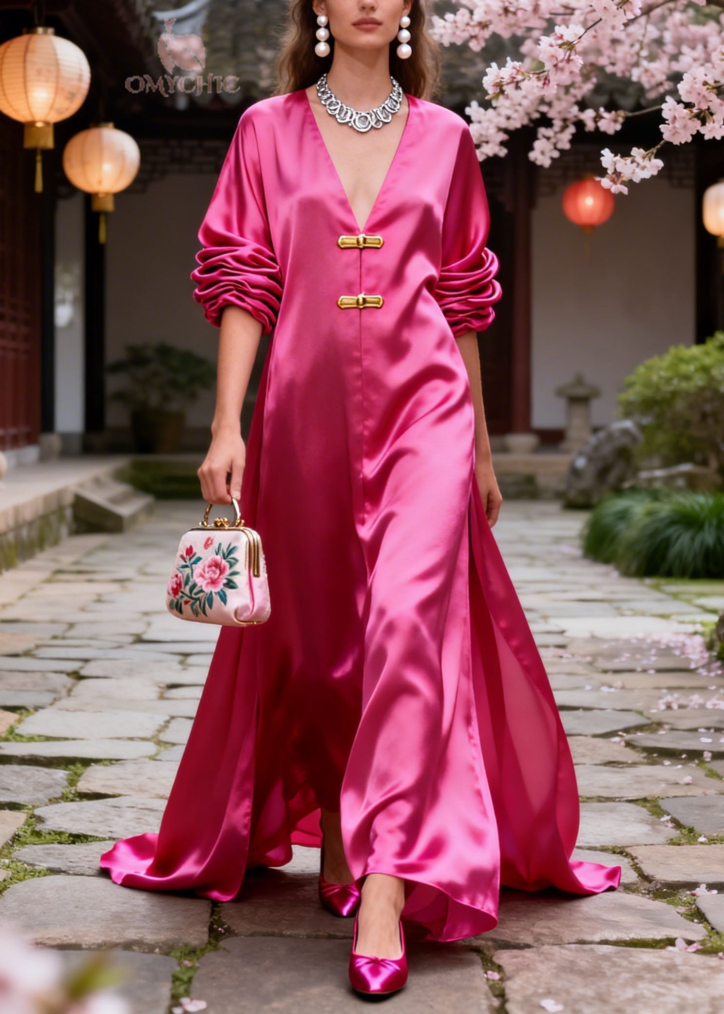 Satin V-Neck Ruched Long Sleeve Bar Closure High Split Maxi Gown