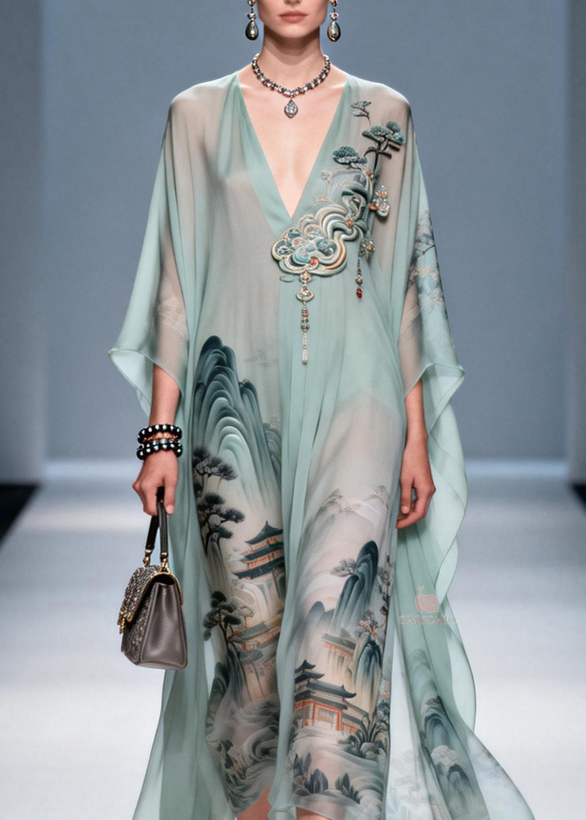 Original Design V Neck Print Chiffon Maxi Dress Summer 2