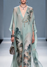 Original Design V Neck Print Chiffon Maxi Dress Summer 2