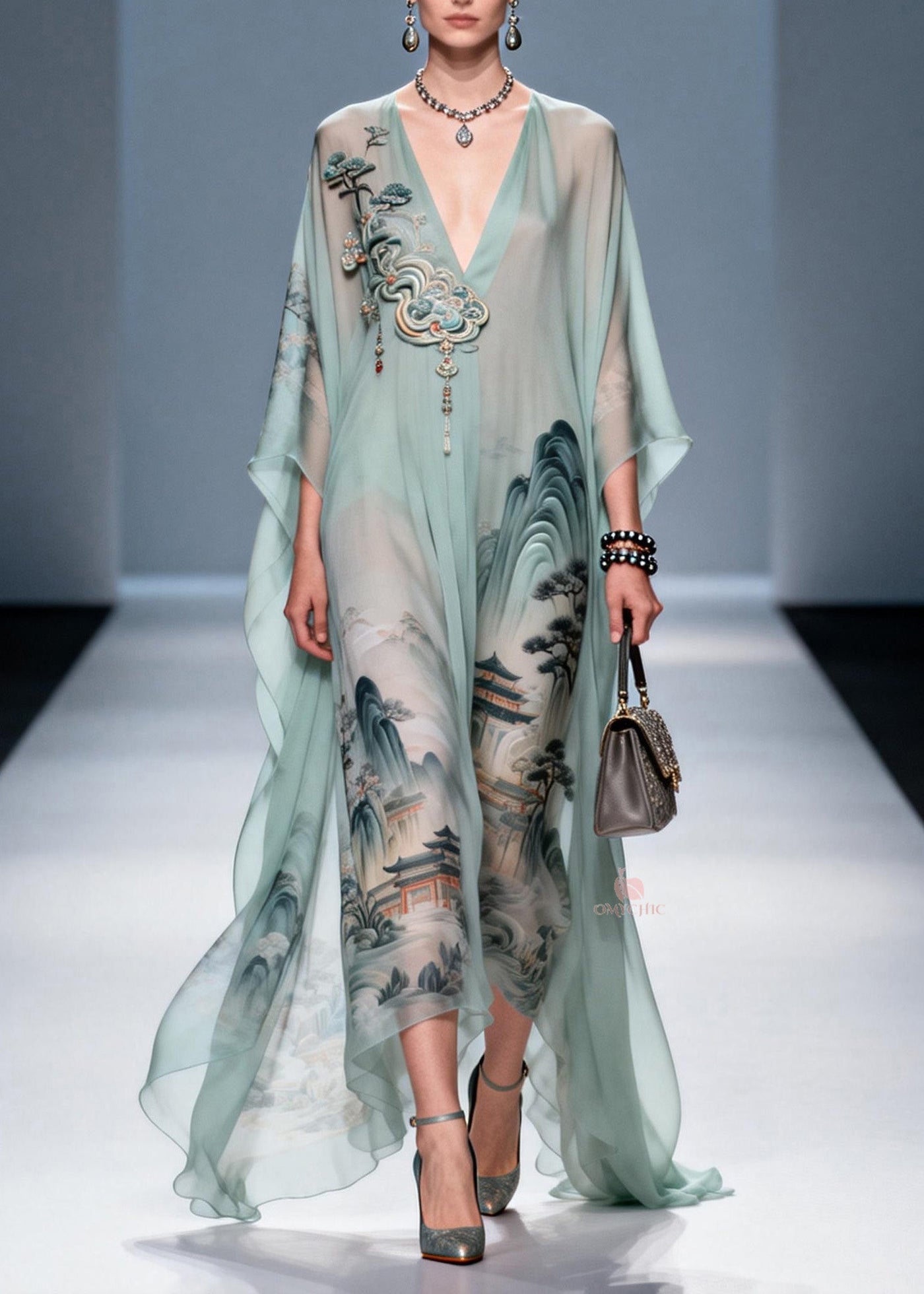 Original Design V Neck Print Chiffon Maxi Dress Summer 3
