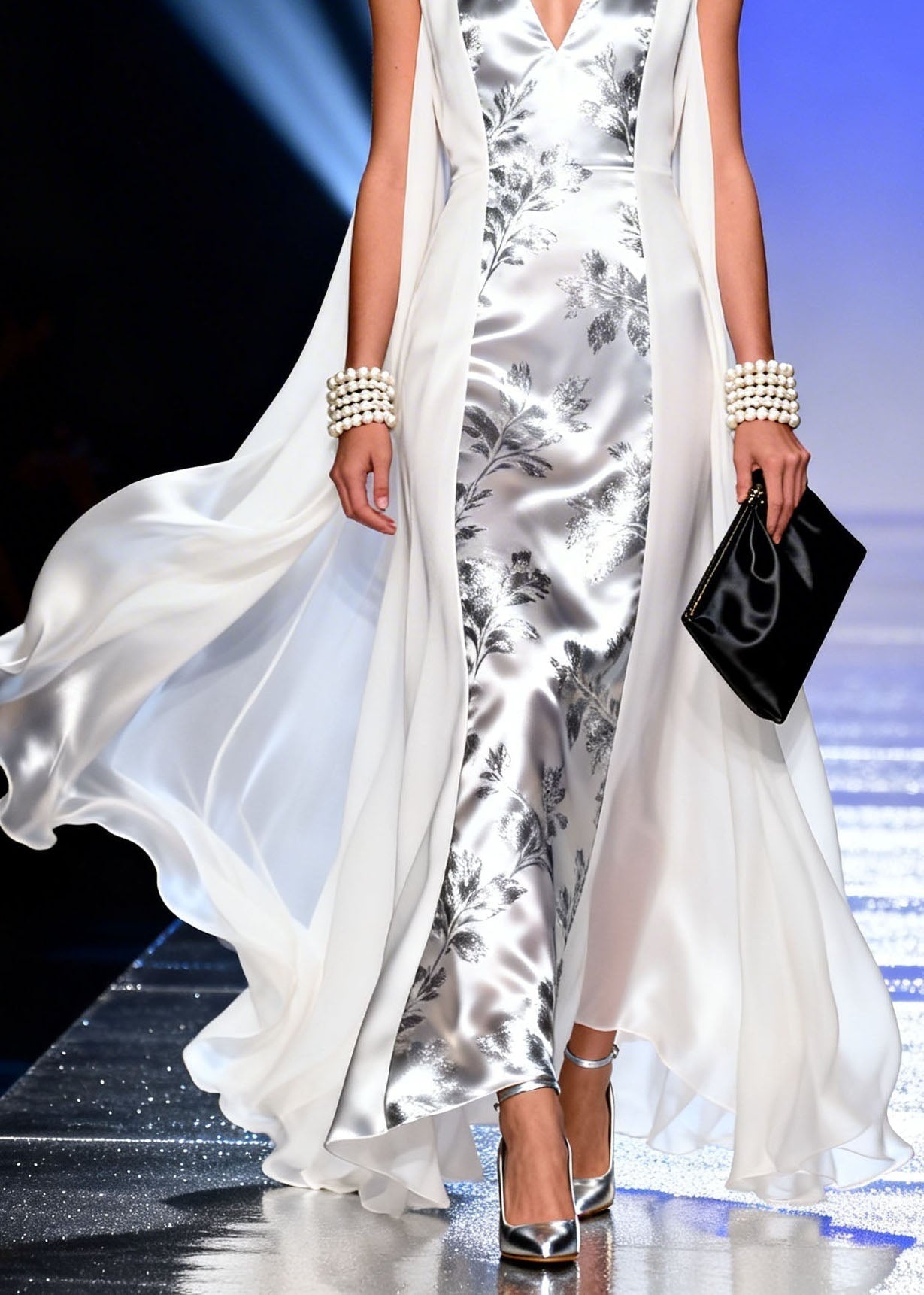 Metallic Floral Print Deep V-Neck Sleeveless Cape Panel Maxi Gown