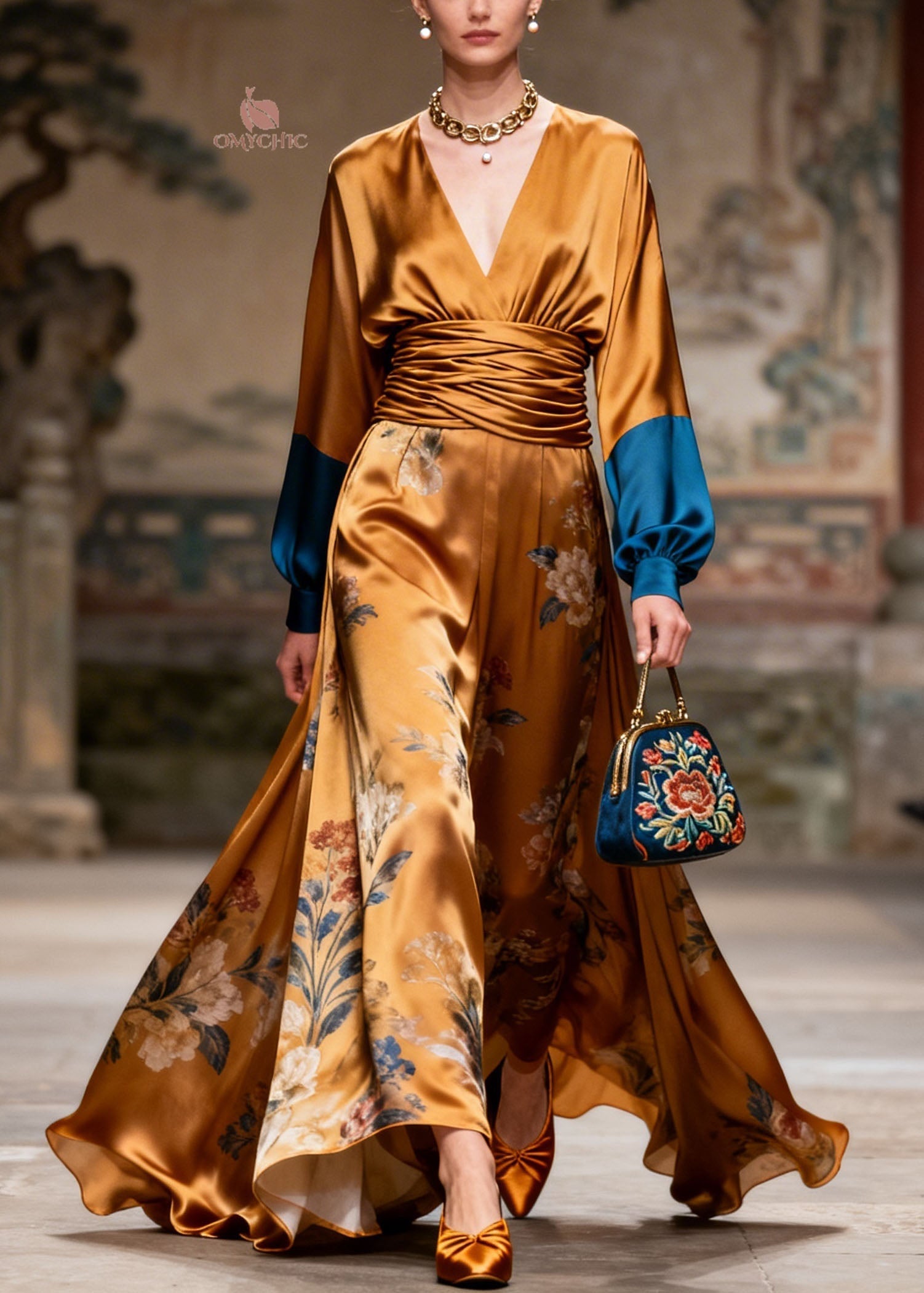 Original Design V Neck Print Patchwork Silk Long Dress