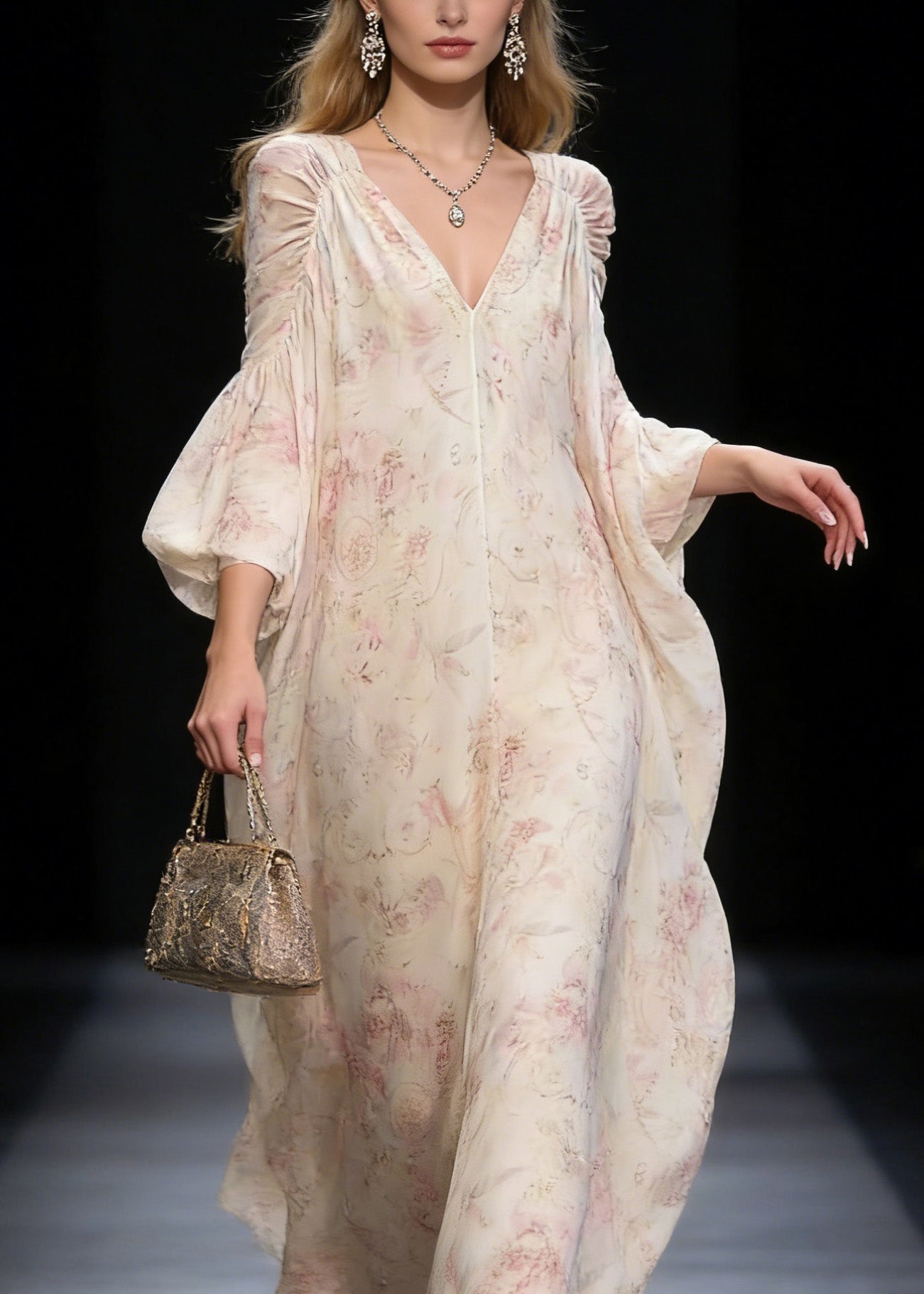Floral Print Deep V-Neck Bishop Sleeve Ruched Shoulder Flowy Chiffon Maxi Gown