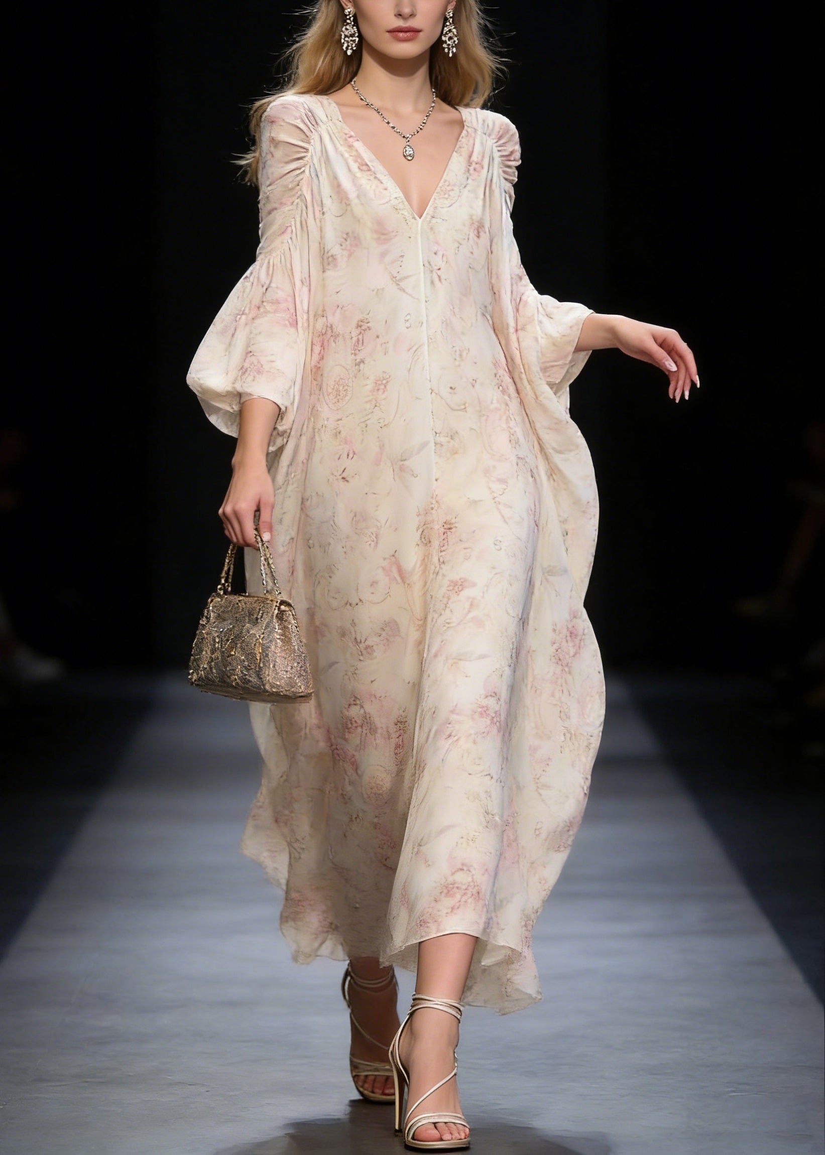 Floral Print Deep V-Neck Bishop Sleeve Ruched Shoulder Flowy Chiffon Maxi Gown