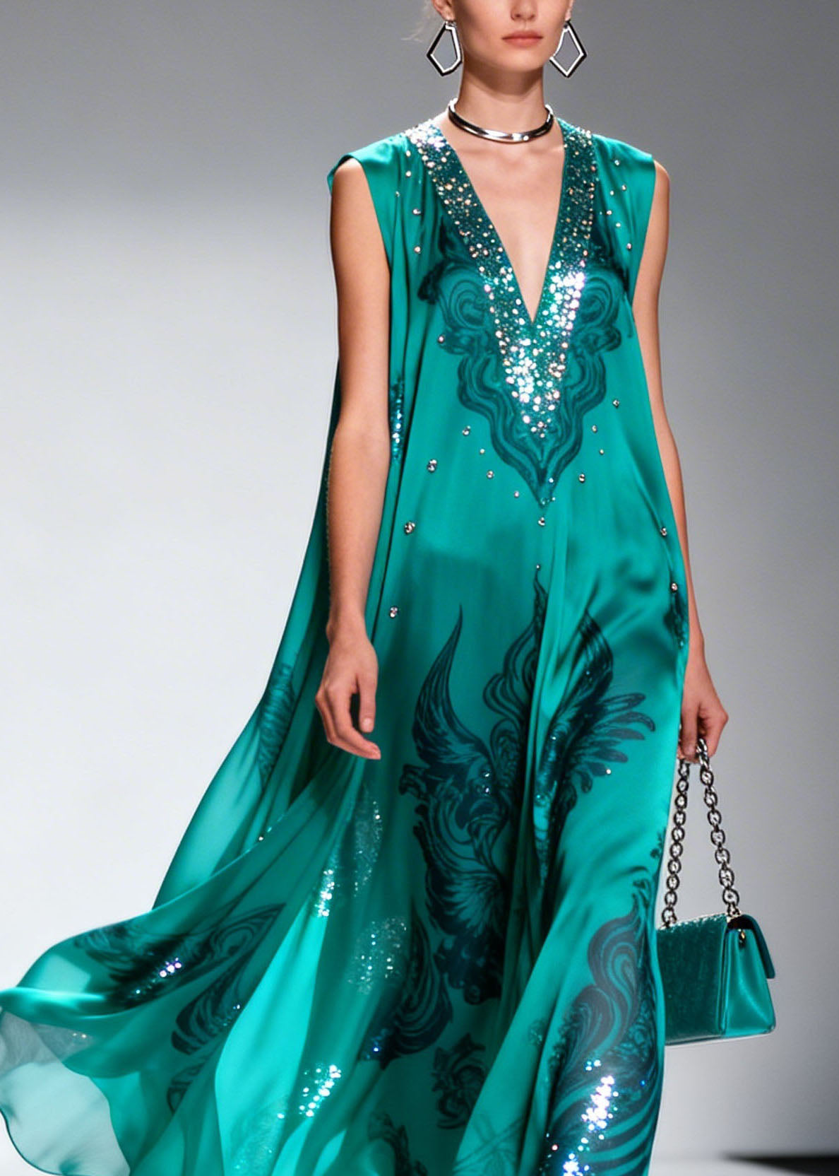 Sequin Trim Deep V-Neck Sleeveless Paisley Print Flowy Maxi Gown