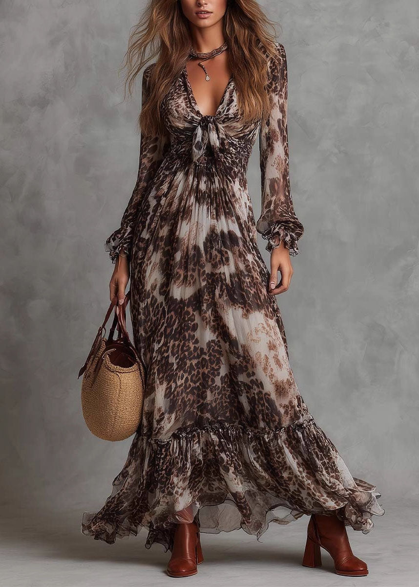 Original Design V Neck Ruffled Print Chiffon Dresses Summer