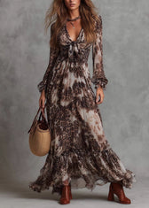 Original Design V Neck Ruffled Print Chiffon Dresses Summer