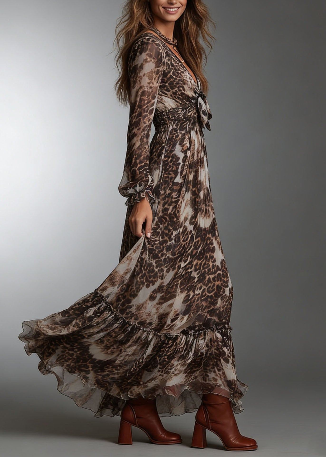 Original Design V Neck Ruffled Print Chiffon Dresses Summer 4