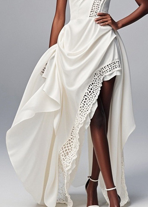 One Shoulder Asymmetrical Lace Panel Trim High Low Party Gown