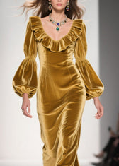 Original Design Yellow Ruffled Patchwork Velvet Long Dress Fall 2