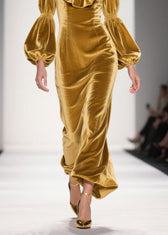 Original Design Yellow Ruffled Patchwork Velvet Long Dress Fall 4