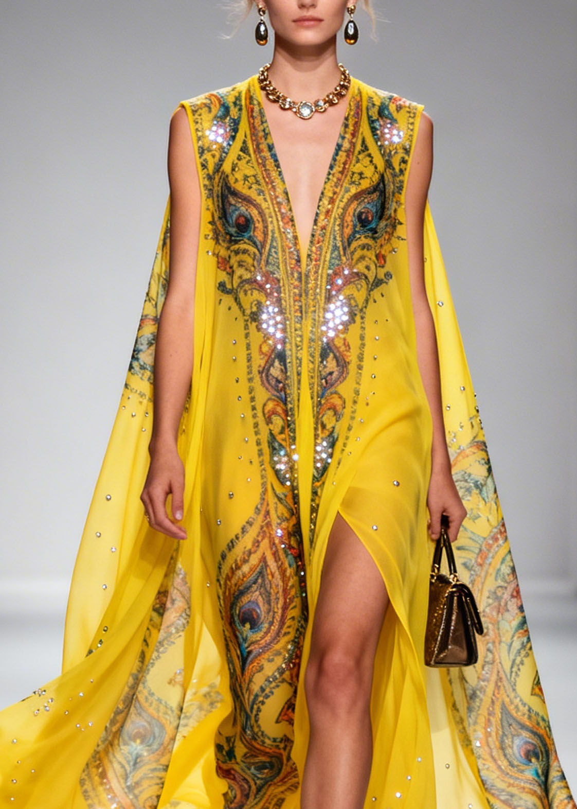 Chiffon Peacock Print Deep V-Neck Cape Sleeve Sequin Trim Maxi Dress