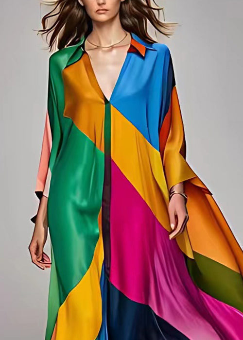 Original Green V Neck Patchwork Silk Maxi Dress Long Sleeve - View 4