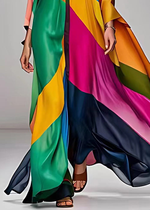 Original Green V Neck Patchwork Silk Maxi Dress Long Sleeve - View 5