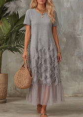 Original Grey Ruffled Tulle Patchwork T Shirt Dress Summer