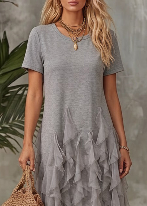 Original Grey Ruffled Tulle Patchwork T Shirt Dress Summer 3