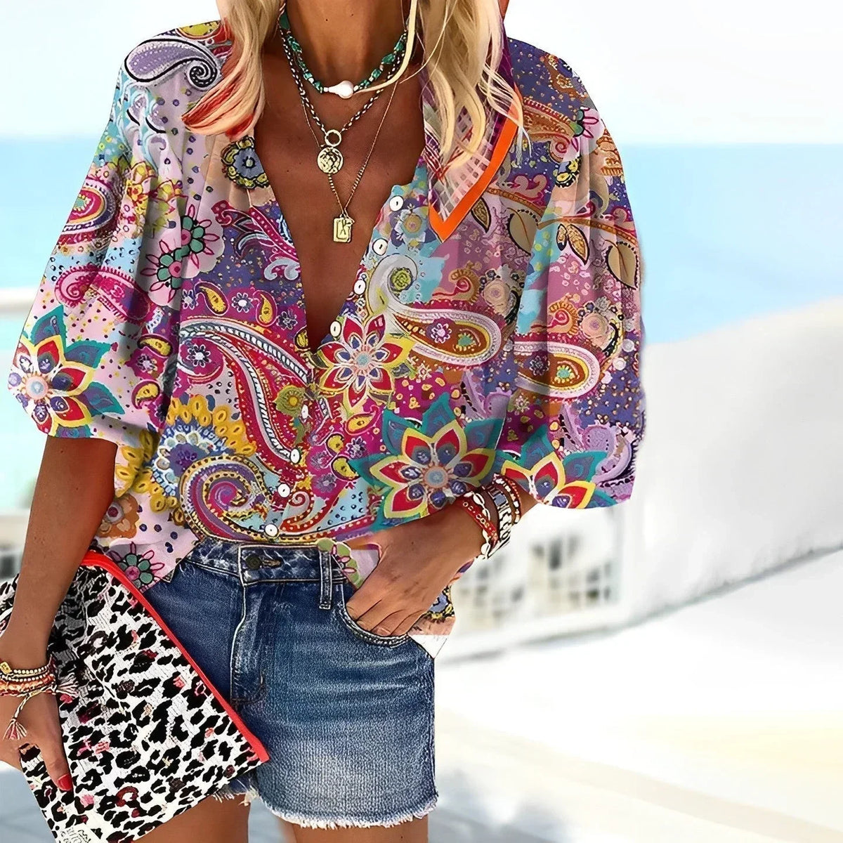 Paisley Print V-Neck Puff Sleeve Button Front Blouse