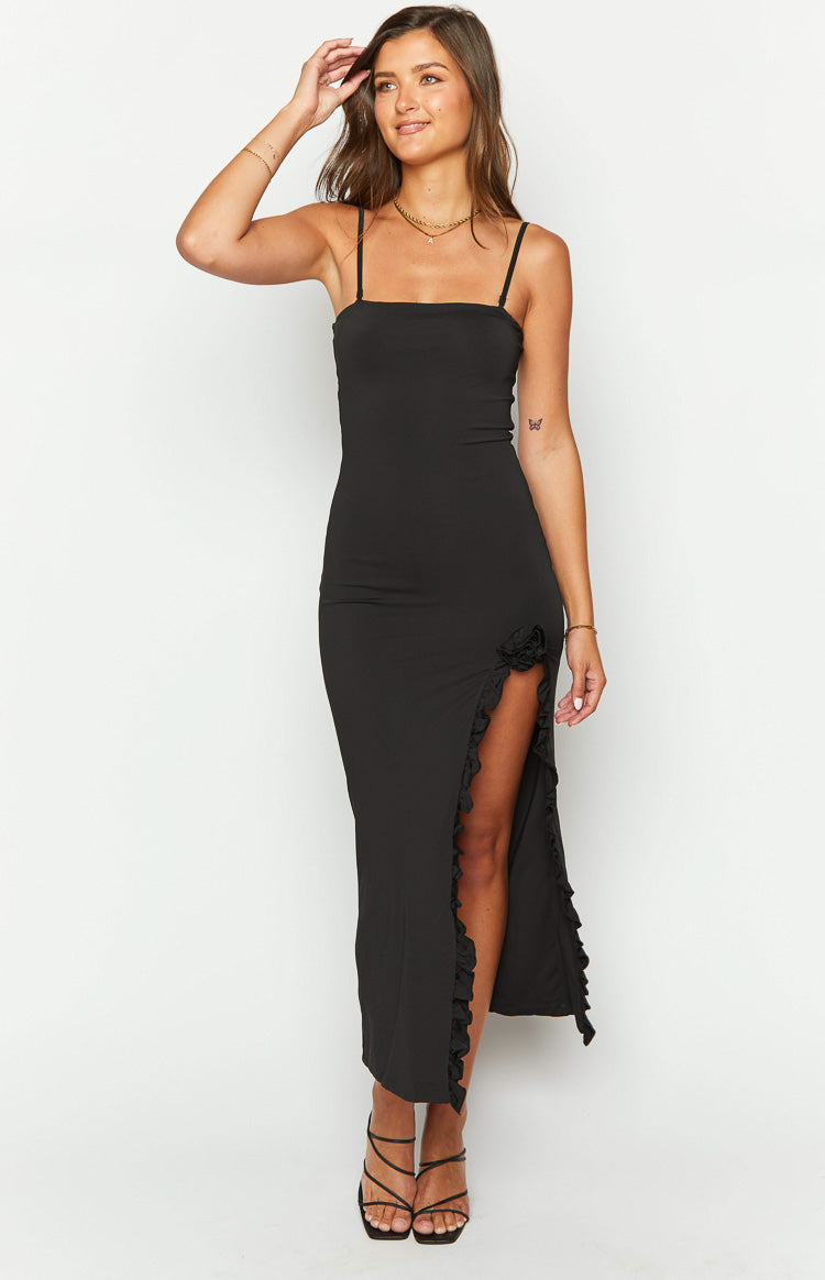 Strapless Rosette Ruffle Trim High Split Maxi Dress 3