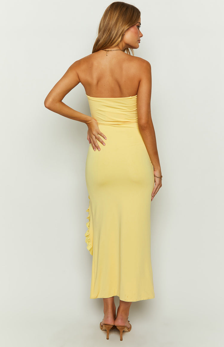 Strapless Ruffle Trim High Split Bodycon Maxi Dress 7