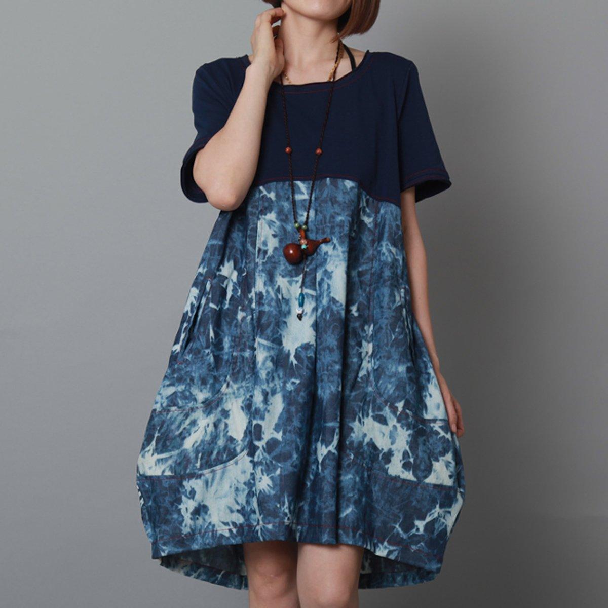 Oversize cotton summer dress navy print patchwork sundress shift dress