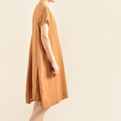 Oversize yellow cotton sundress linen shirt dress short sleeve