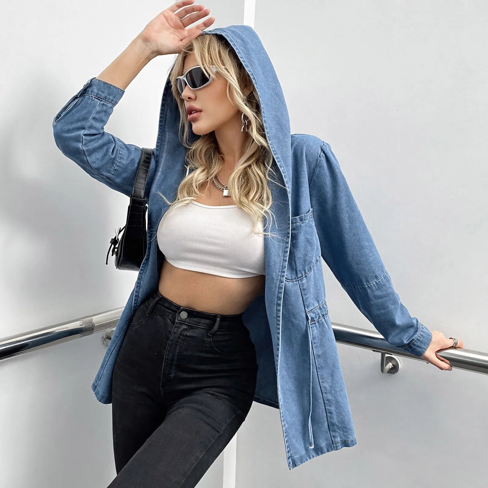 Hooded Wide-Leg Denim Jeans