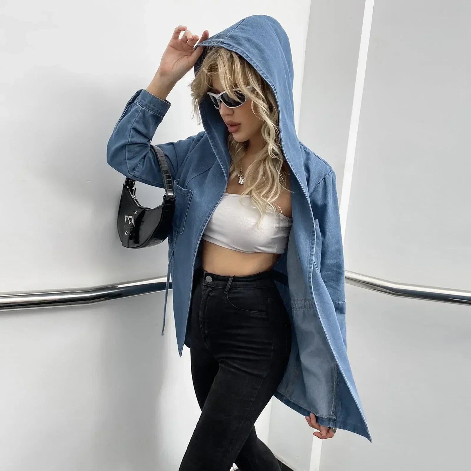 Hooded Wide-Leg Denim Jeans