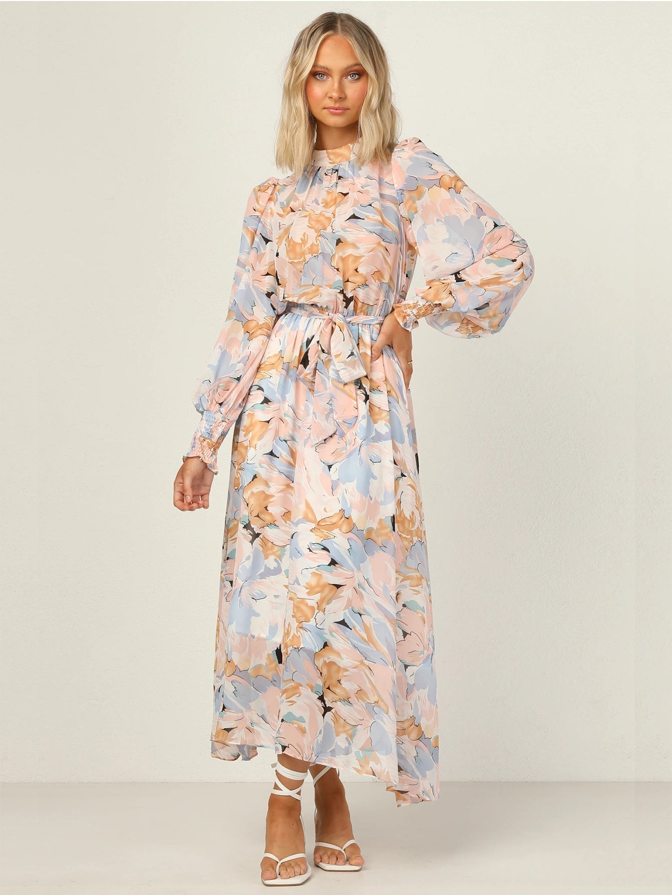 Oversized Floral Print Self Waist Tie Dress