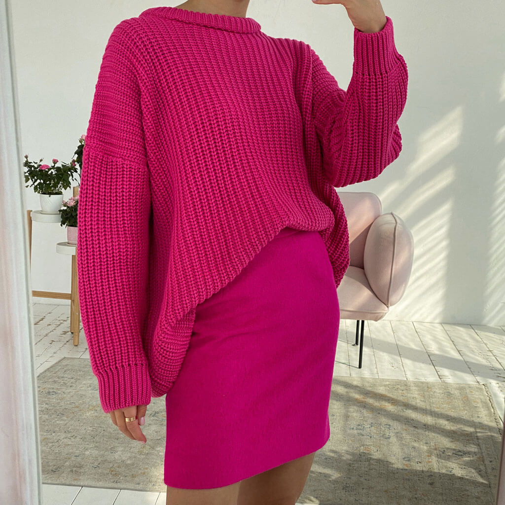 Oversized Ribbed Candy Color Crewneck Pullover Sweater - Rose