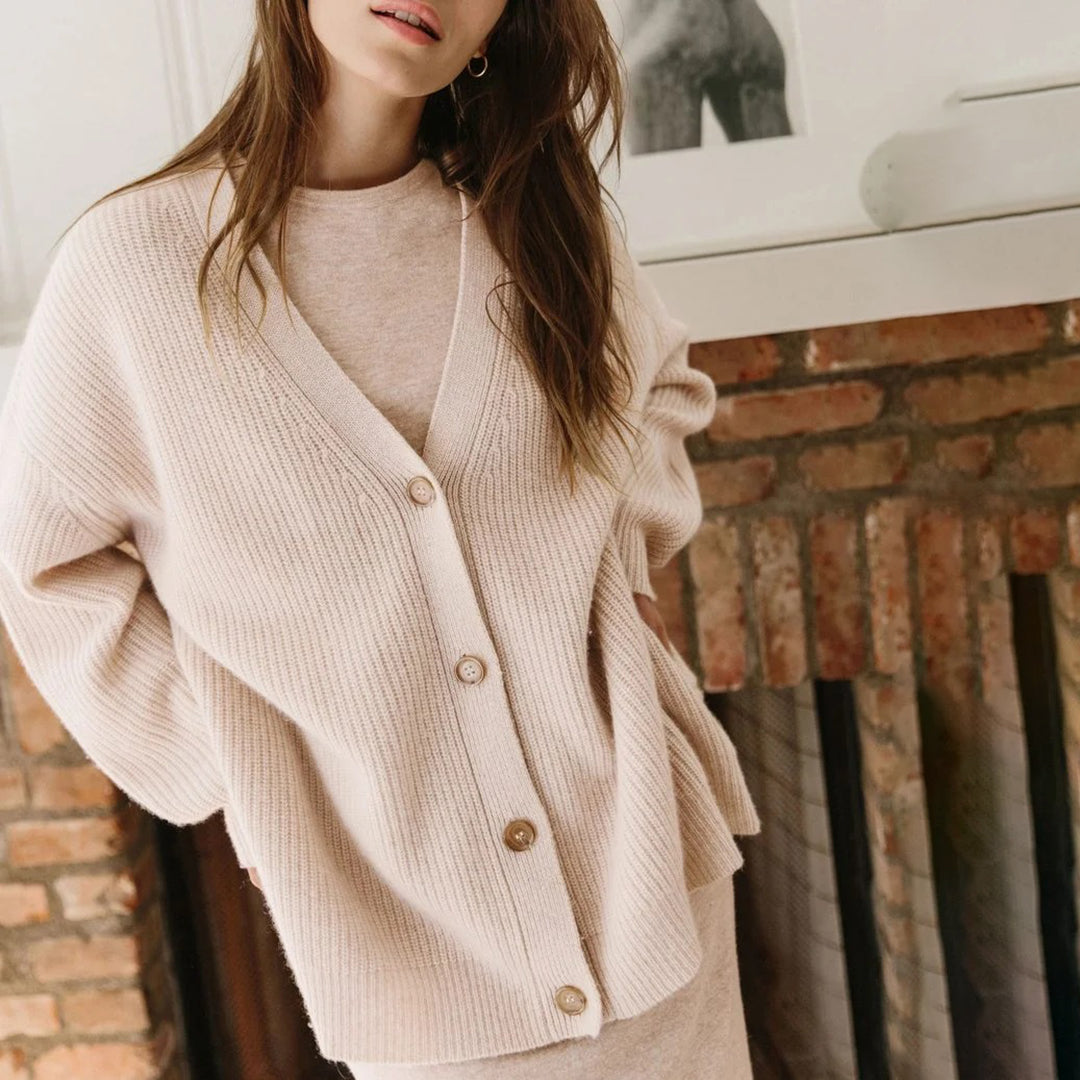 V-Neck Button Front Ribbed Knit Oversized Cardigan