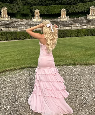 Sweet Pink Chiffon Strapless Evening Dress Multi-Layered Slit Prom Party Dress cc1945