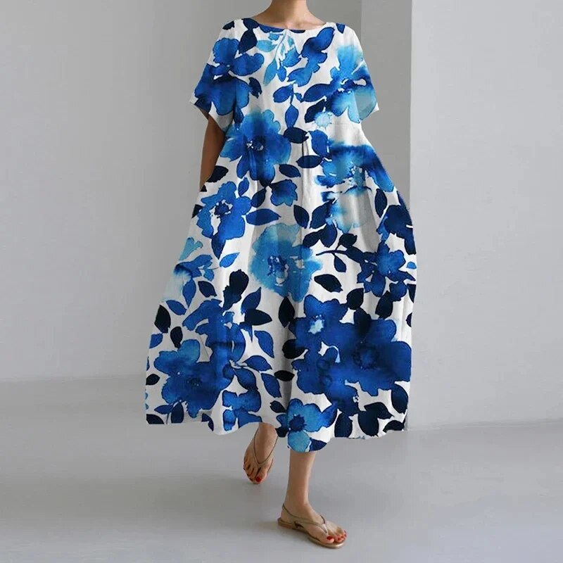 Floral Print Short Sleeve Pocket Pleated Midi Dress