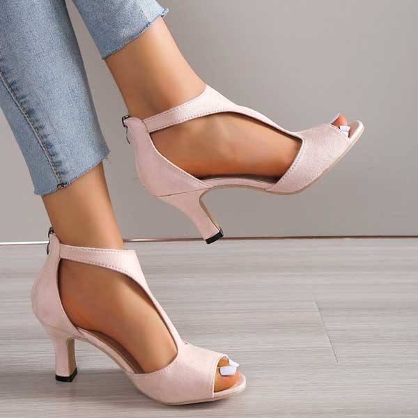 Peep Toe Cut Out Back Zip Block Heel Sandals
