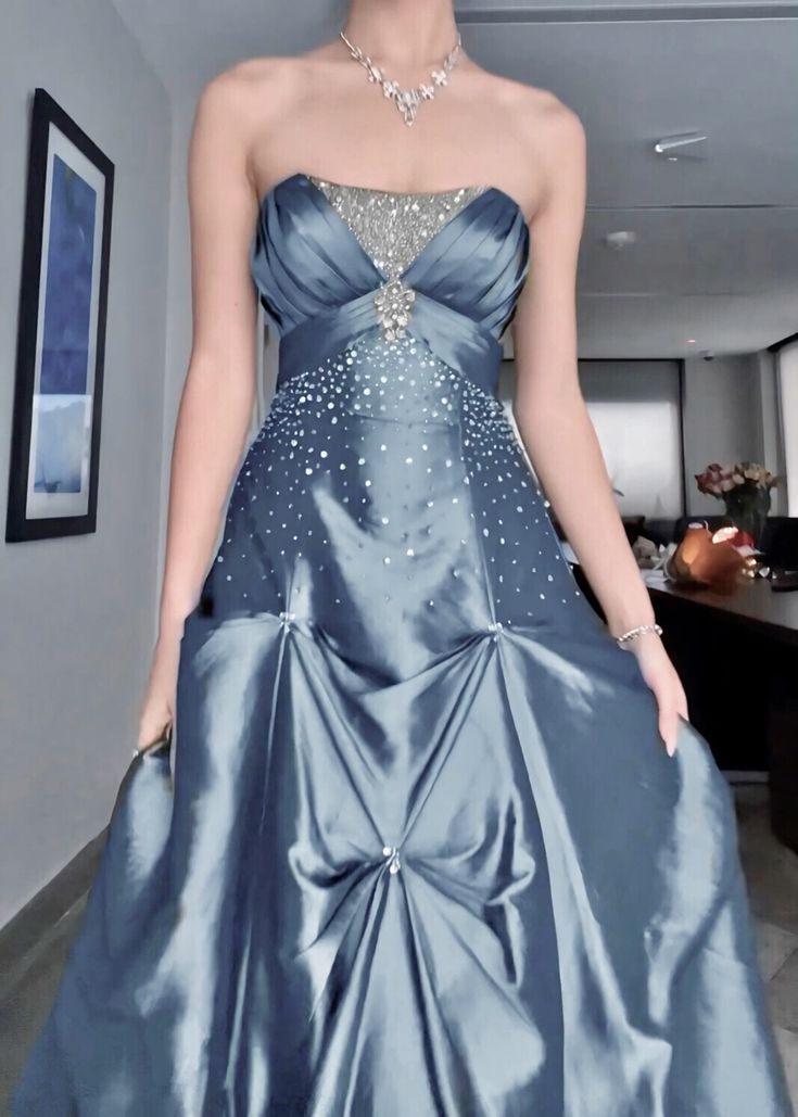 Vintage Blue A-line Strapless Satin Long Prom Evening Dress cc4922