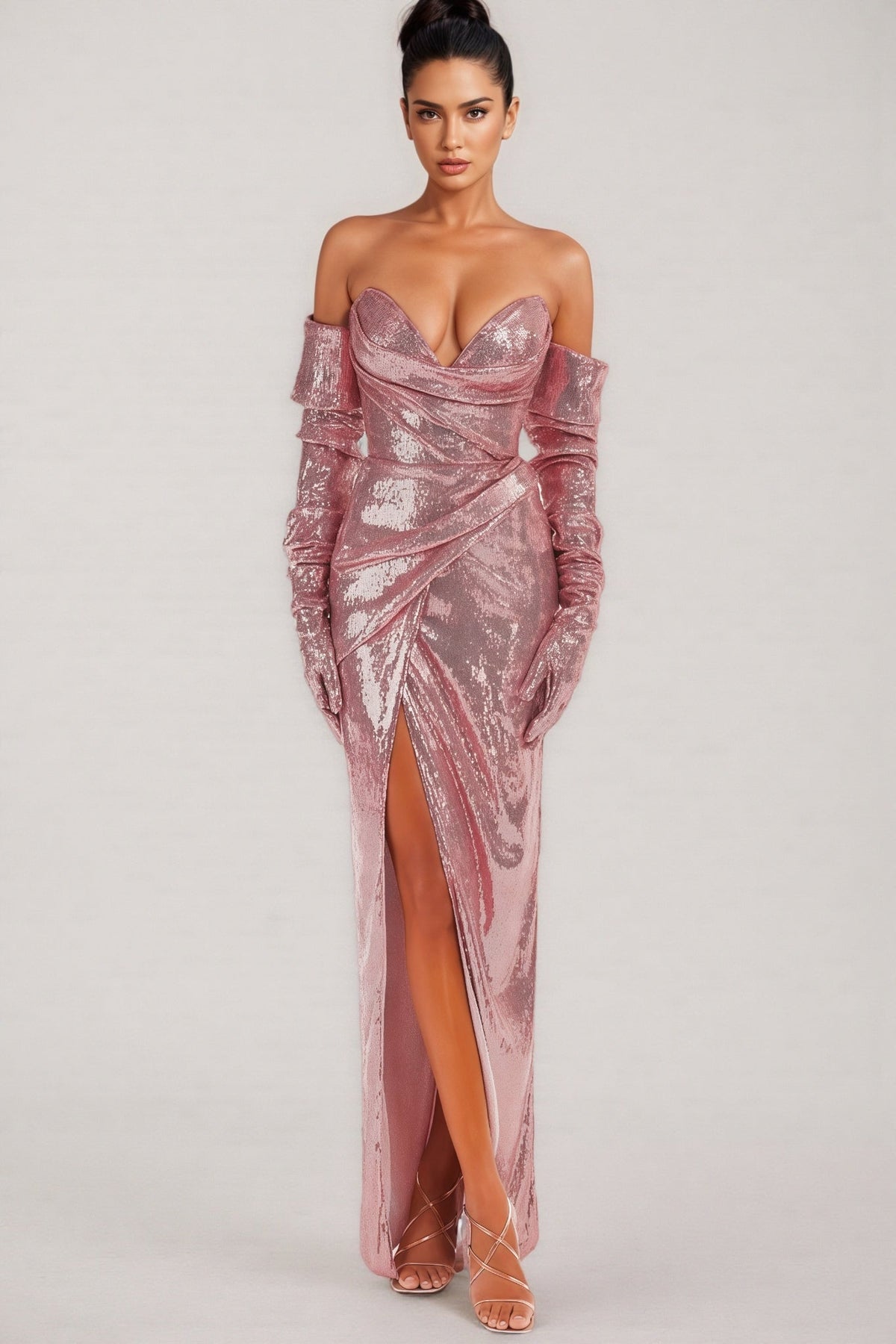 Sequin Strapless Sweetheart Neck Draped High Split Maxi Dress with Gloves
