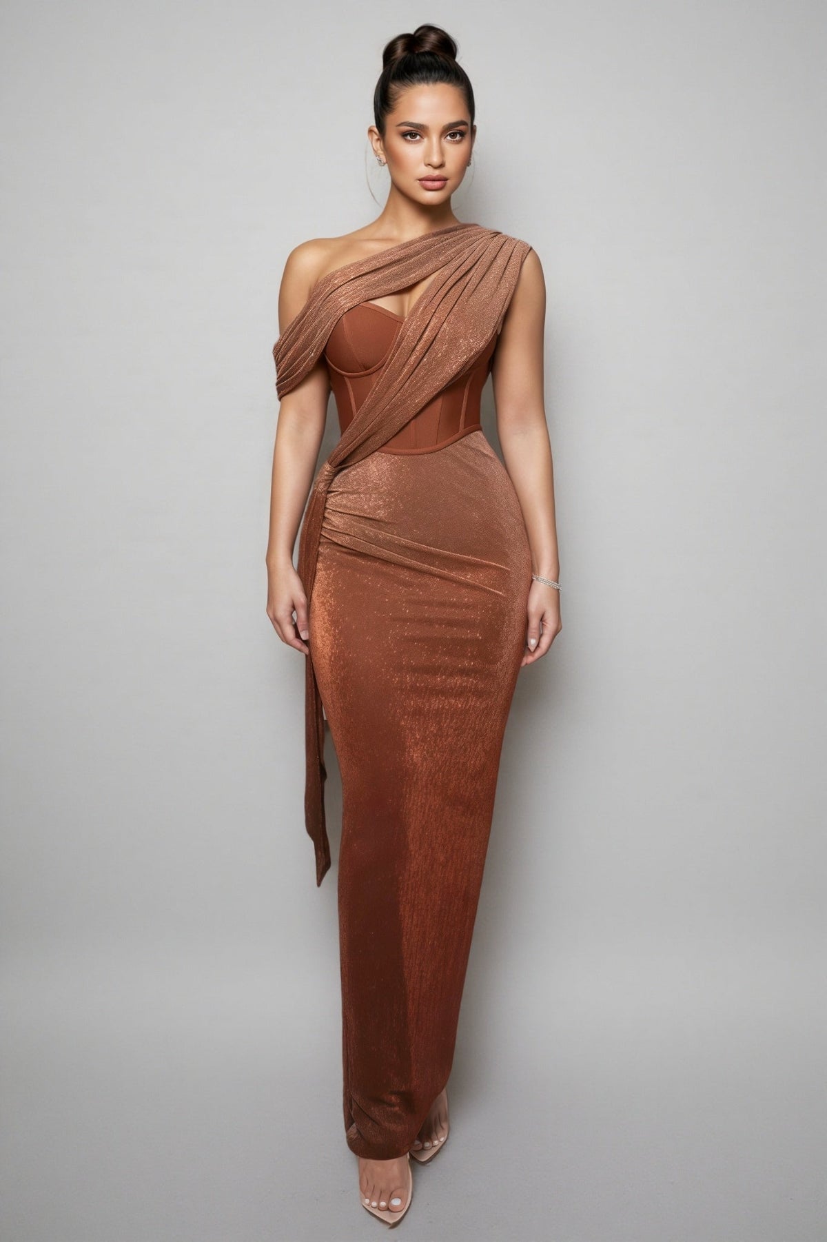 One Shoulder Draped Corset Bodice Metallic Ruched Maxi Dress
