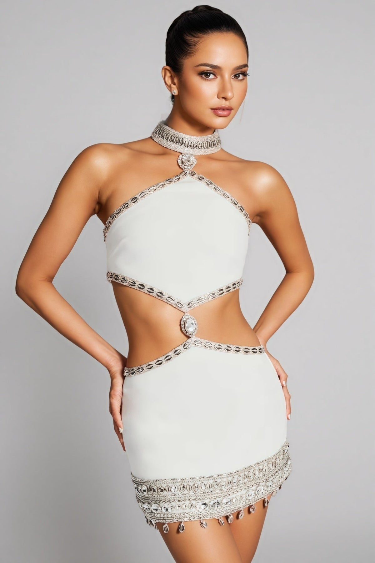 Rhinestone Trim Halter Neck Cut Out Fringe Hem Bodycon Mini Dress