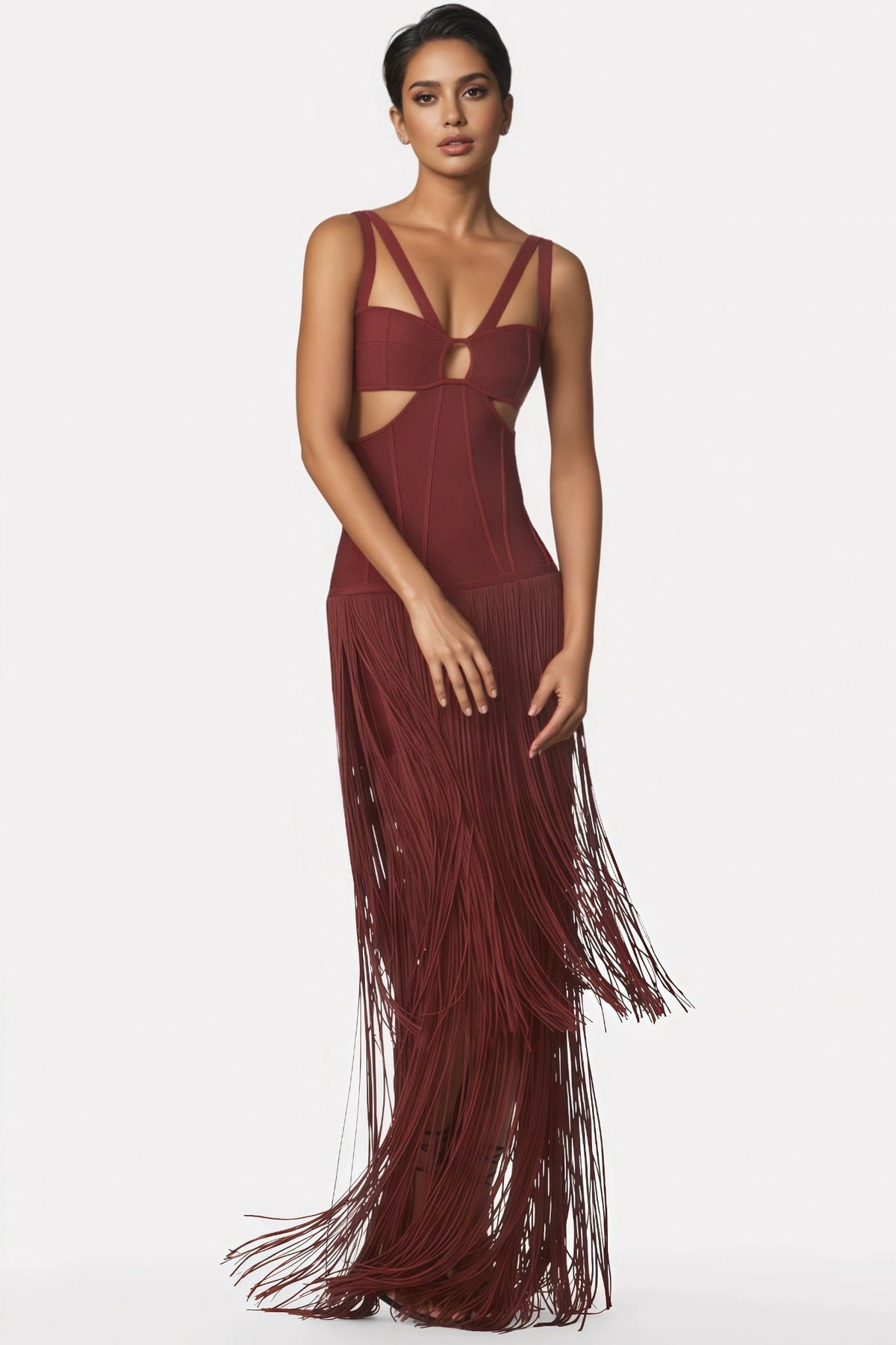 Strappy Cut Out Bandage Tiered Fringe Maxi Dress