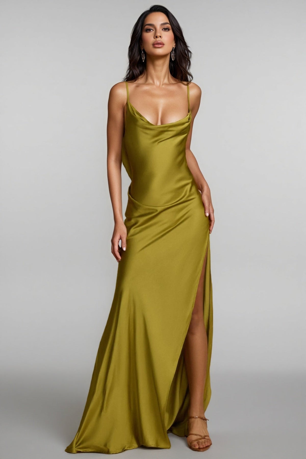 Cowl Neck Spaghetti Strap Satin High Split Maxi Dress