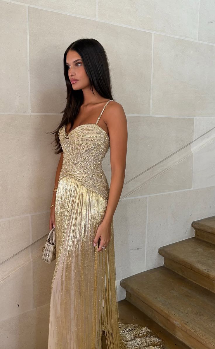 Gorgeous Gold Fitted Spaghetti Strap Sequined Tassel Long Prom Dress Evening Dress cc5032