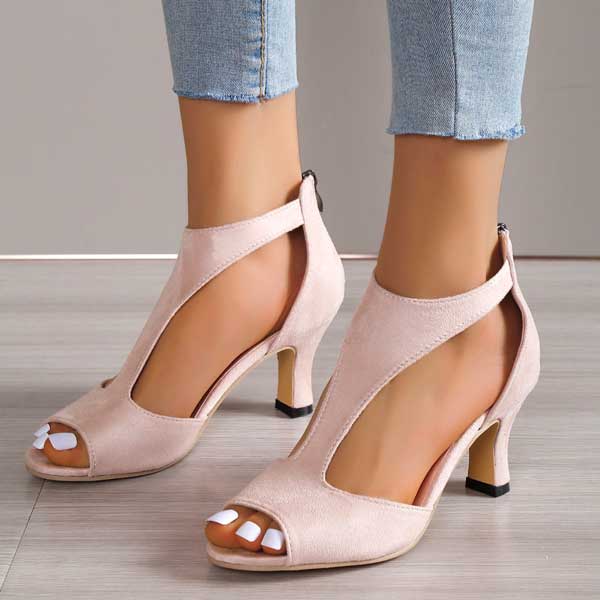 Peep Toe Cut Out Back Zip Block Heel Sandals