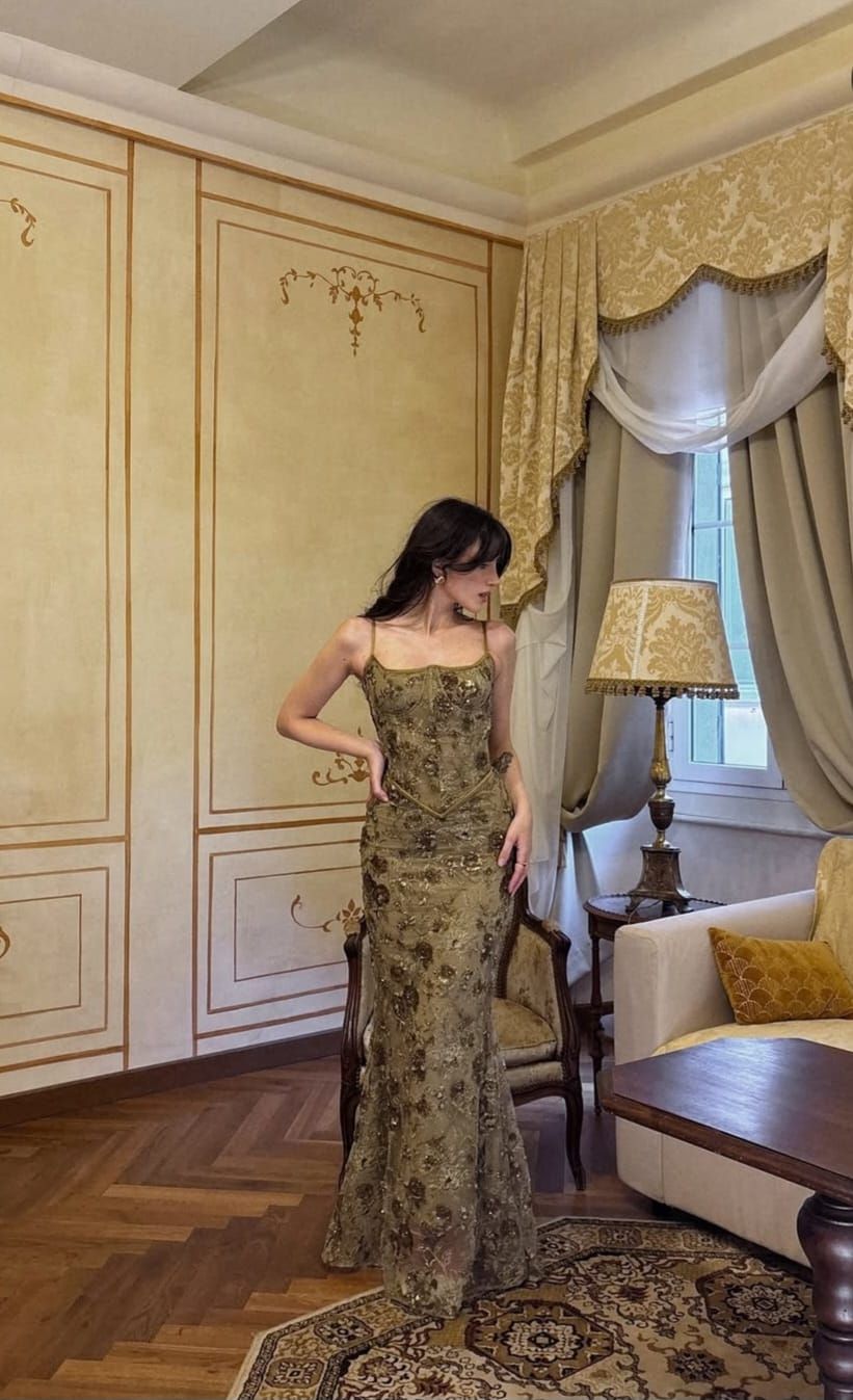 Vintage Olive Gold-Brown Mermaid Spaghetti Strap Sequined Embroidered Long Prom Dress Evening Dress cc5128