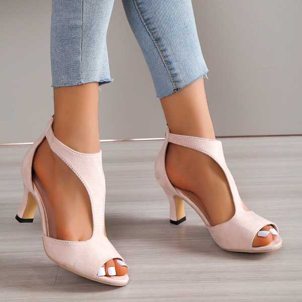 Peep Toe Cut Out Back Zip Block Heel Sandals